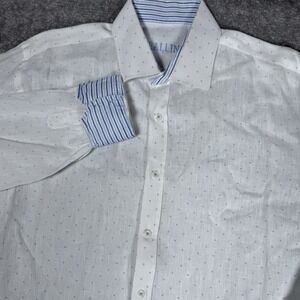 Ballin Brand Shirt Men's Large White 100% Linen Blue‎ Dots Lightweight Button up